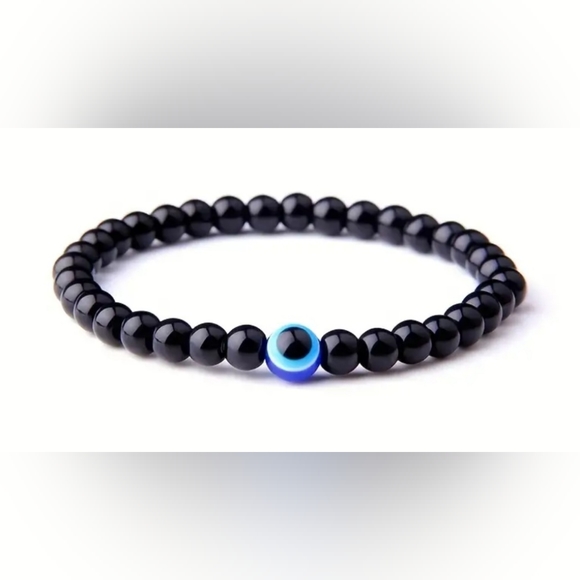 Evil Eye Other - New Evil Eye Men's Black Stone Beaded Stretch Bracelet